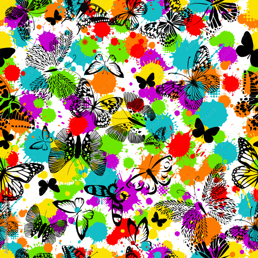 Watercolor seamless pattern with butterflies on white background. Hand painted background. Vector illustration.