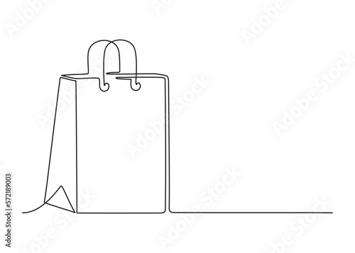 Shopping paper bag with handle, template continuous line art drawing. Craft paper pack for gift, food, item. Packet, retail package. Take Away, delivery. Black linear sketch, single one line. Vector