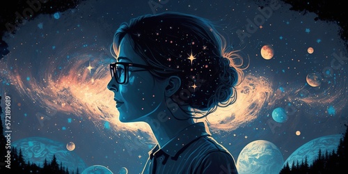 female astronomer standing amidst galaxy of stars symbolizing her quest to unravel the mysteries of the universe, concept of Exploration and Discovery, created with Generative AI technology