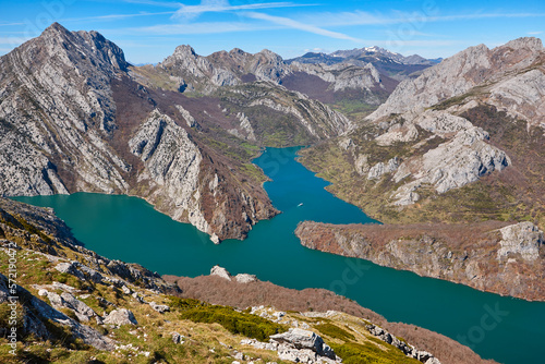 Beautiful turquoise waters reservoir and mountain landscape in Riano. Spain