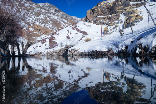 snowy mountain mirrored in lake. 