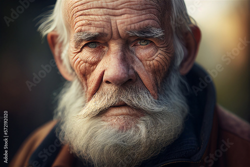 Close up photo of an old man with beard and wrinkles looking straight into the camera, illustration Generative Ai