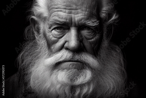 Portrait of an old white man with big white beard wrinkles looking straight into the camera, santa, santa clause, illustration Generative Ai