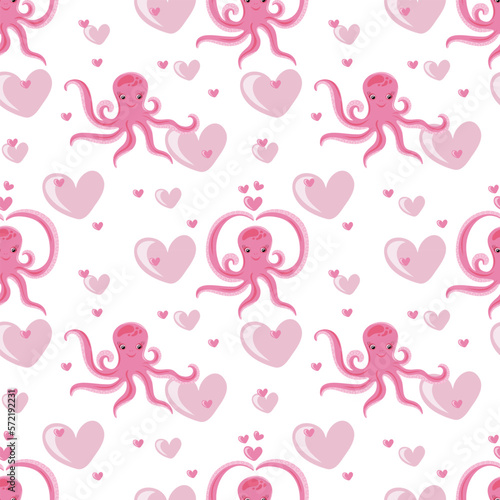 Seamless pattern with funny octopuses and hearts. Marine dwellers. Modern childs print for fabric, textiles, wrapping paper. Vector illustration