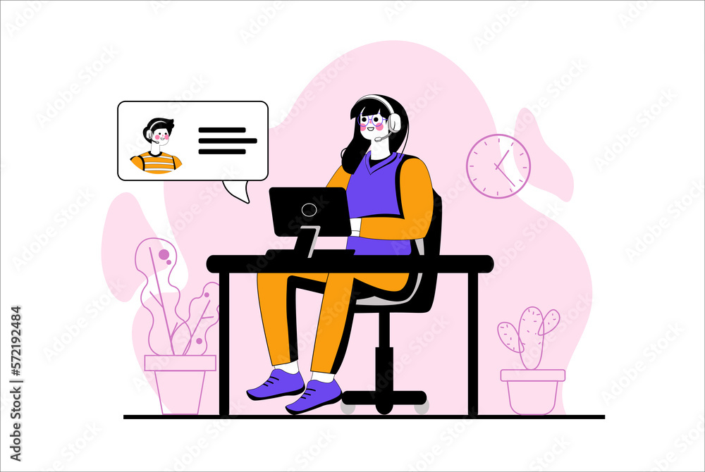 Support purple concept with people scene in the flat cartoon style. Support worker helps the client to solve his problems.