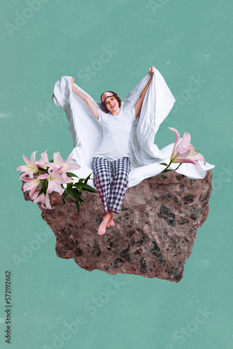 Vertical collage photo of young relaxed wear pajama girl take awake good morning absurd stone hold pillow near fresh lily isolated on blue background