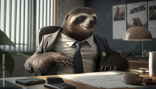 sloth in a suit in the office. Generative AI