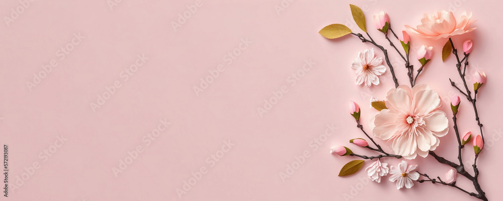 Sakura flower blossom on light pink background. Copy space for text. Generative AI
