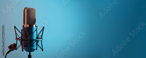 Studio Podcast Microphone on Gradient Blue Background. Generative AI