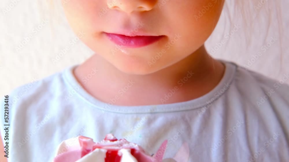 small child, blonde girl 3 years old eats ice cream with berries and chocolate in waffle cone, sweet dessert, kid has good appetite, happy childhood, health nutrition, balanced diet, sweet life small child, blonde girl 3 years old eats ice cream with berries and chocolate in waffle cone, sweet dessert, kid has good appetite, happy childhood, health nutrition, balanced diet, sweet life