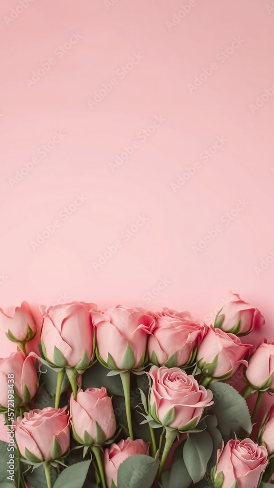 Rose Bouquet flower blossom on light pink background. Copy space for text. Generative AI