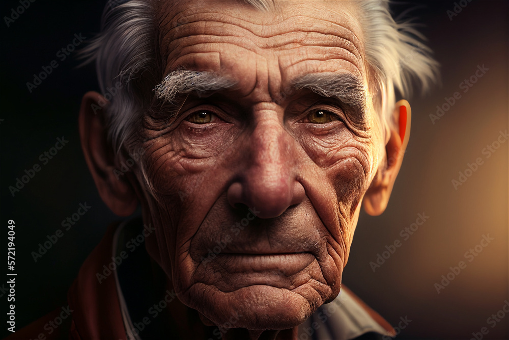 Close up photo of an old white man with wrinkles looking straight into the camera, illustration Generative Ai