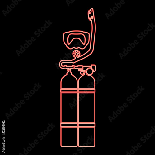 Neon set of skin-diver scuba diver mask snorkel aqualung dive tank cylinders balloon diving gear red color vector illustration image flat style