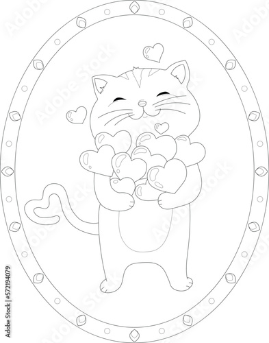 Cartoon cat with hearts in frame sketch template. St. valentine's day graphic vector illustration in black and white for games, background, pattern, decor. Coloring paper, page, children's story book.