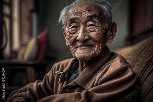 Close up photo of an old asian looking man with wrinkles sitting on a couch looking straight into the camera, illustration Generative Ai