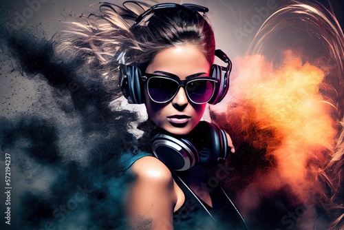 dj girl with dark hair using dj mixer in nightclub with colorful smoke, turntables and disco ball - generative ai