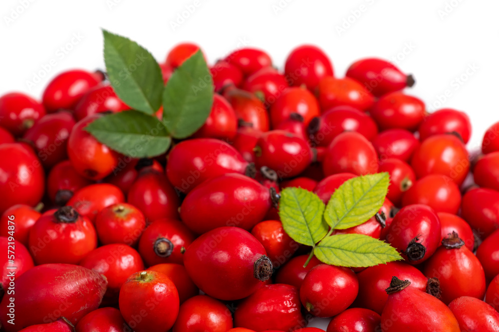 heap rose hip berry with leaves on white background heap rose hip berry with leaves on white background