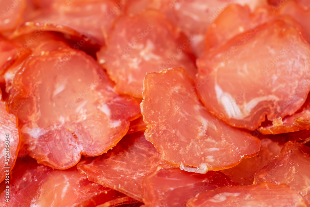 Pork Jerky slice meat background. Close up