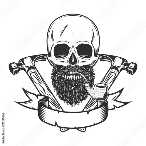 Skull smokig pipe with mustache and beard and builder crossed hammers from new construction and remodeling house business in monochrome vintage style illustration