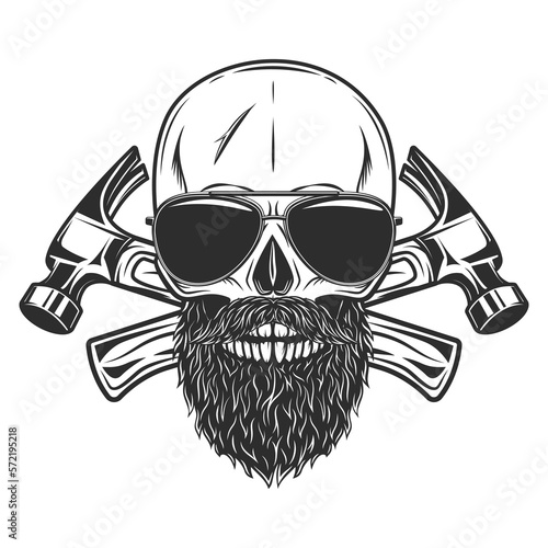 Skull with mustache and beard and sunglasses builder crossed hammers from new construction and remodeling house business in monochrome vintage style illustration
