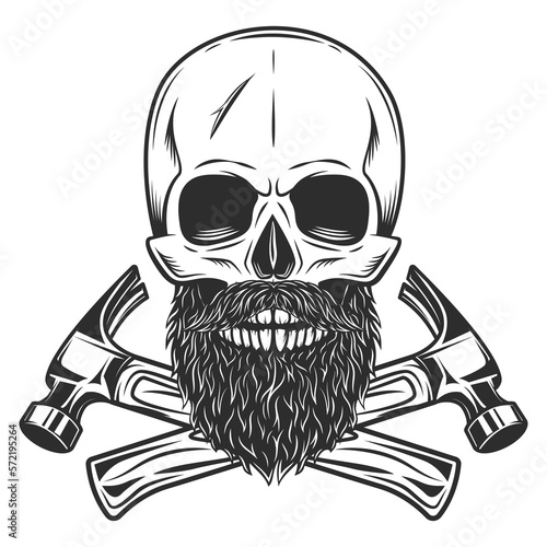 Skull with mustache and beard and crossed builder hammers from new construction and remodeling house business in monochrome vintage style isolated vector illustration