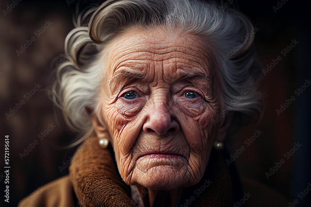 Close up photo of an old white woman with wrinkles looking straight into the camera, illustration Generative Ai