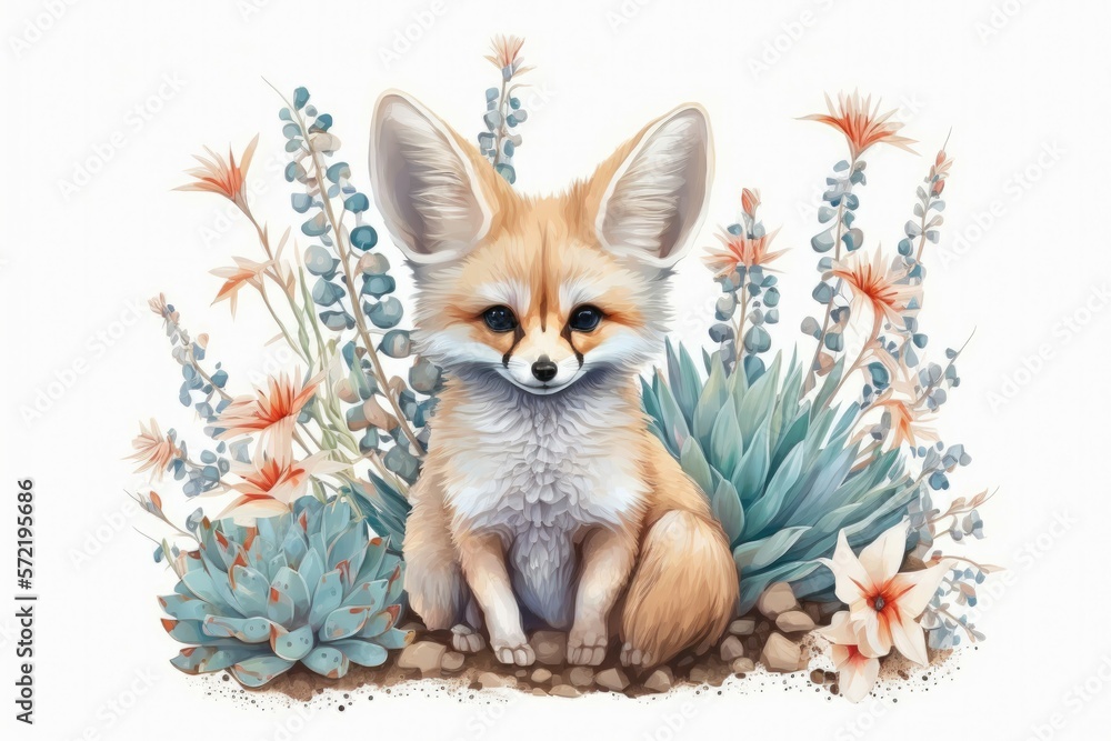 Obraz premium Cute baby fennec fox with floral background. Generative AI