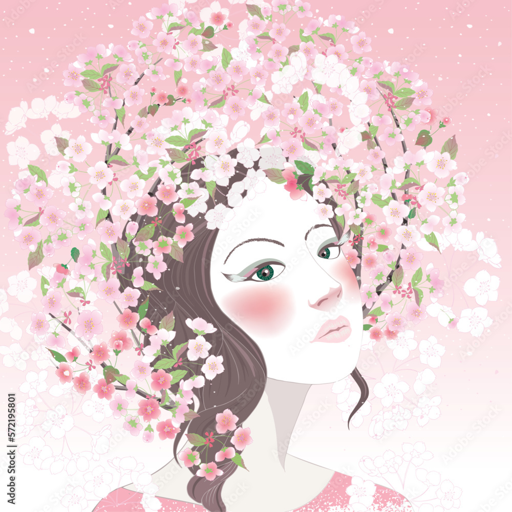 Vector illustration of a woman decorating her hair with flowers in spring. Design for invitation card, picture frame, poster, scrapbook	