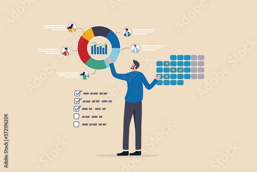 Resource planning or project management, ERP or marketing software, people or strategy to optimize process, client or CRM concept, businessman managing or analyze resource planning software pie chart.