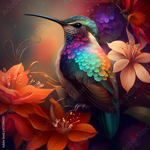 Colorful hummingbird on top of flowers.