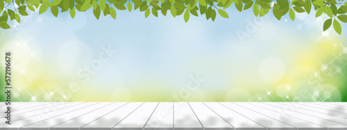 Spring background,Display studio with 3d podium on white wood texture with nature bokeh light,Vector Backdrop wood top table with light effect.Spring,Summer branding product presentation concept
