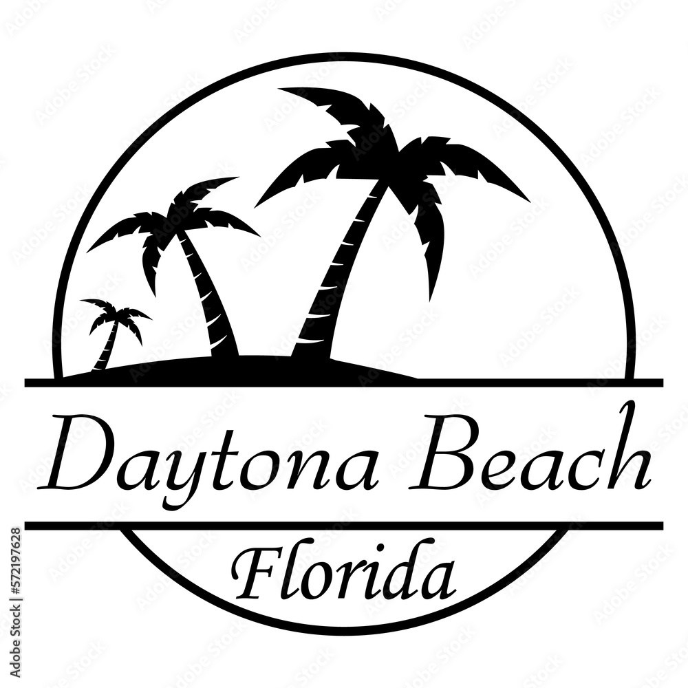 Destino de vacaciones. Logo aislado con texto manuscrito Daytona Beach Florida con silueta de playa con palmeras en círculo lineal