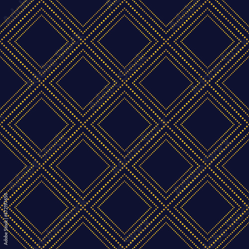 Seamless luxury pattern with gold square  dotted rhombus on blue  background, diagonal repeat  dotted line pattern design for decoration,wrap,cover,card.
