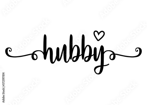 Logo del día de San Valentín. Letras de la palabra hubby con corazón. Texto manuscrito hubby con líneas para su uso en felicitaciones y tarjetas
