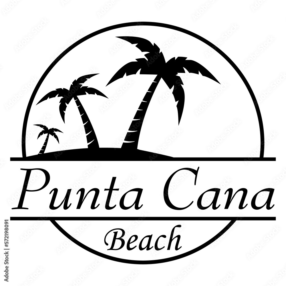 Destino de vacaciones. Logo aislado con texto manuscrito Punta Cana Beach con silueta de playa con palmeras en círculo lineal