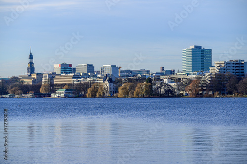 Blick über die Außenalster mit Michel photo