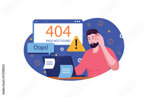 404 not found blue concept with people scene in the flat cartoon design. Programmer is worried about an error that occurred during work. Vector illustration.
