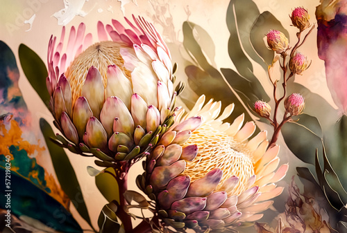 Beautiful protea flowers. Floral digital painting. Close up. photo