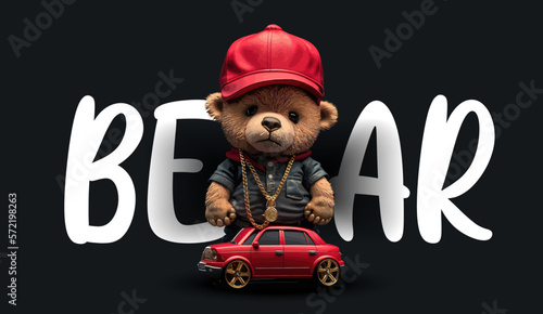 A bear dressed in rapper clothes, wearing a red baseball cap. Funny charming illustration of a teddy bear on a black background. Print for your clothes or postcards. Vector illustration