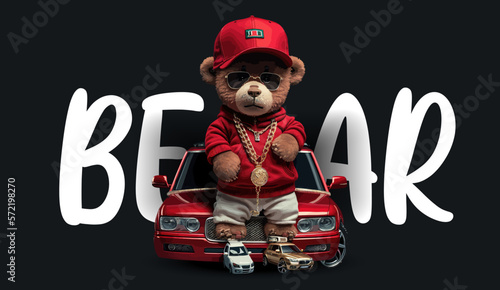 A bear dressed in rapper clothes, wearing a red baseball cap. Funny charming illustration of a teddy bear on a black background. Print for your clothes or postcards. Vector illustration