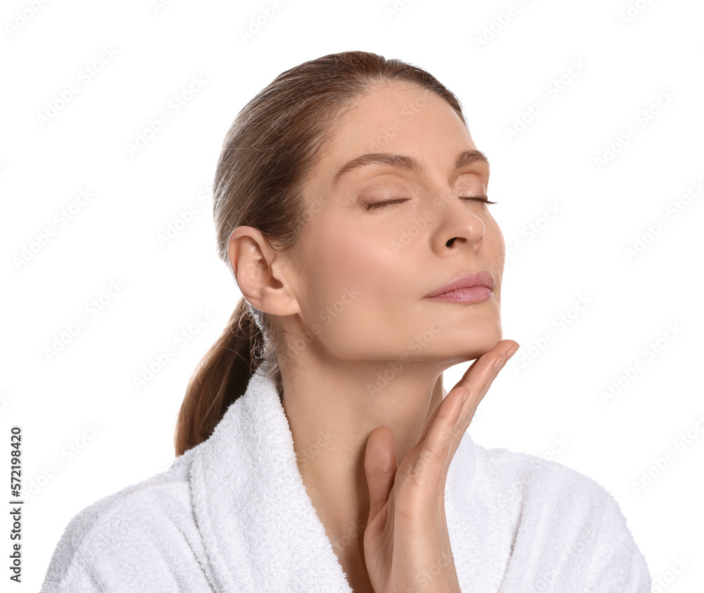 Woman massaging her face on white background Woman massaging her face on white background