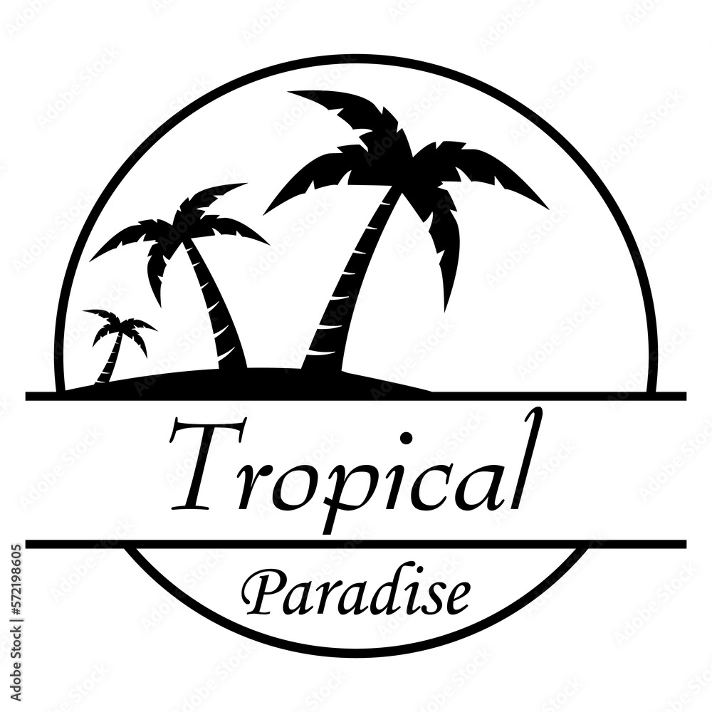 Destino de vacaciones. Logo aislado con texto manuscrito Tropical Paradise con silueta de playa con palmeras en círculo lineal