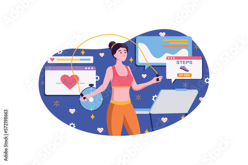 Fitness gym blue concept with people scene in the flat cartoon style. Girl do physical exercises and keep her body in a good shape. Vector illustration.