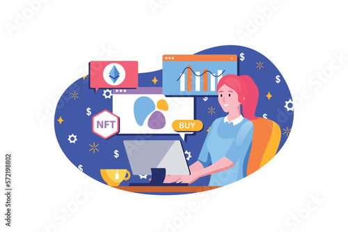 NFT blue concept with people scene in the flat cartoon design. Woman works on the digitization of various data and earns money from it. Vector illustration.
