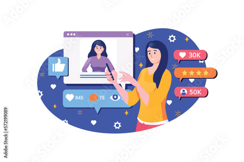 Social media blue concept with people scene in the flat cartoon design. Girl follows the update of social network. Vector illustration.