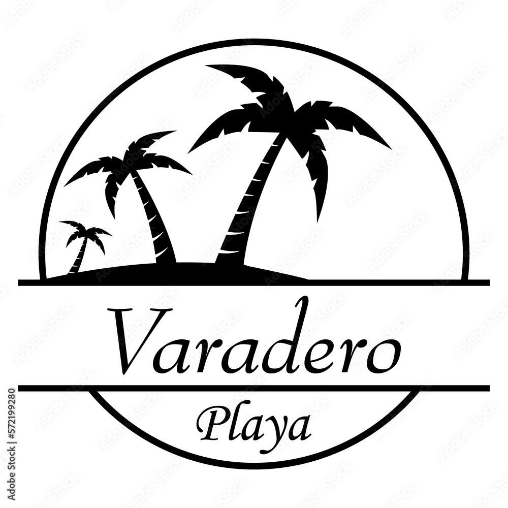 Destino de vacaciones. Logo aislado con texto manuscrito Varadero Playa en español con silueta de playa con palmeras en círculo lineal