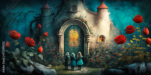 Children at the entrance to the castle. Fairy tale scene. photo