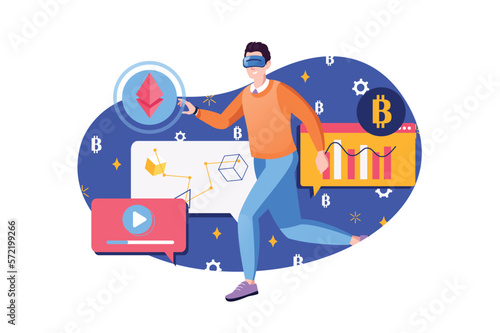 Virtual reality blue concept with people scene in the flat cartoon style. Man is in virtual world that he entered with the help of innovative technologies. Vector illustration.