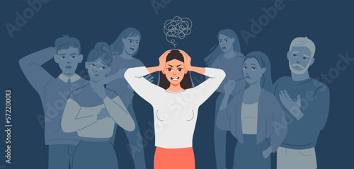 Stress management. A frustrated girl stands in a crowd of condemning people. Social depression, mental burnout and anxiety. Flat vector illustration.
