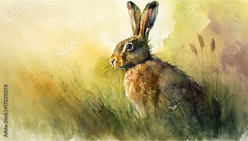 Obraz na płótnie Watercolor painting of hare on grassy field. Generative AI.